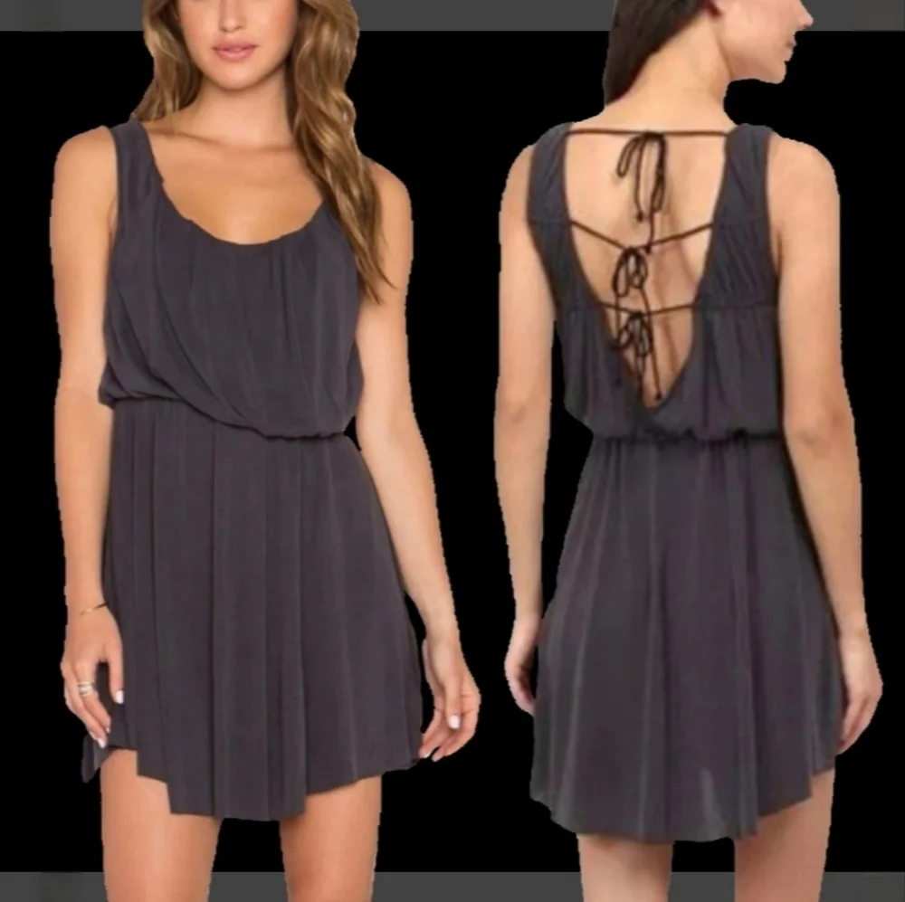 Free People charcoal new cupro true as love open tie back flowy mini dress L-1X - Picture 3 of 17